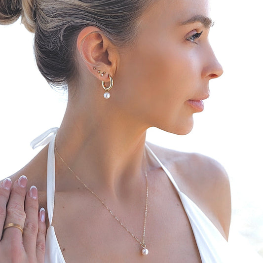 Natural Pearl Thick Hoop Earrings - 14K SOLID GOLD