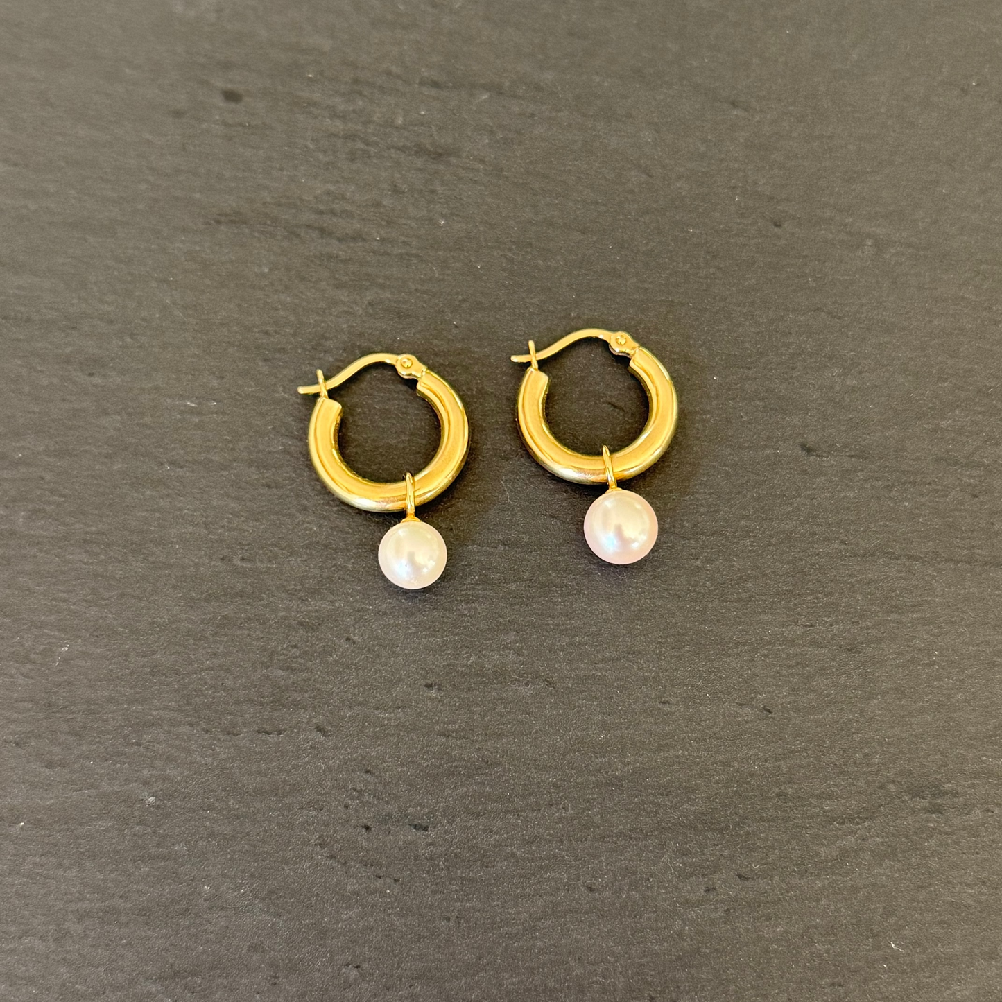 Natural Pearl Thick Hoop Earrings - 14K SOLID GOLD
