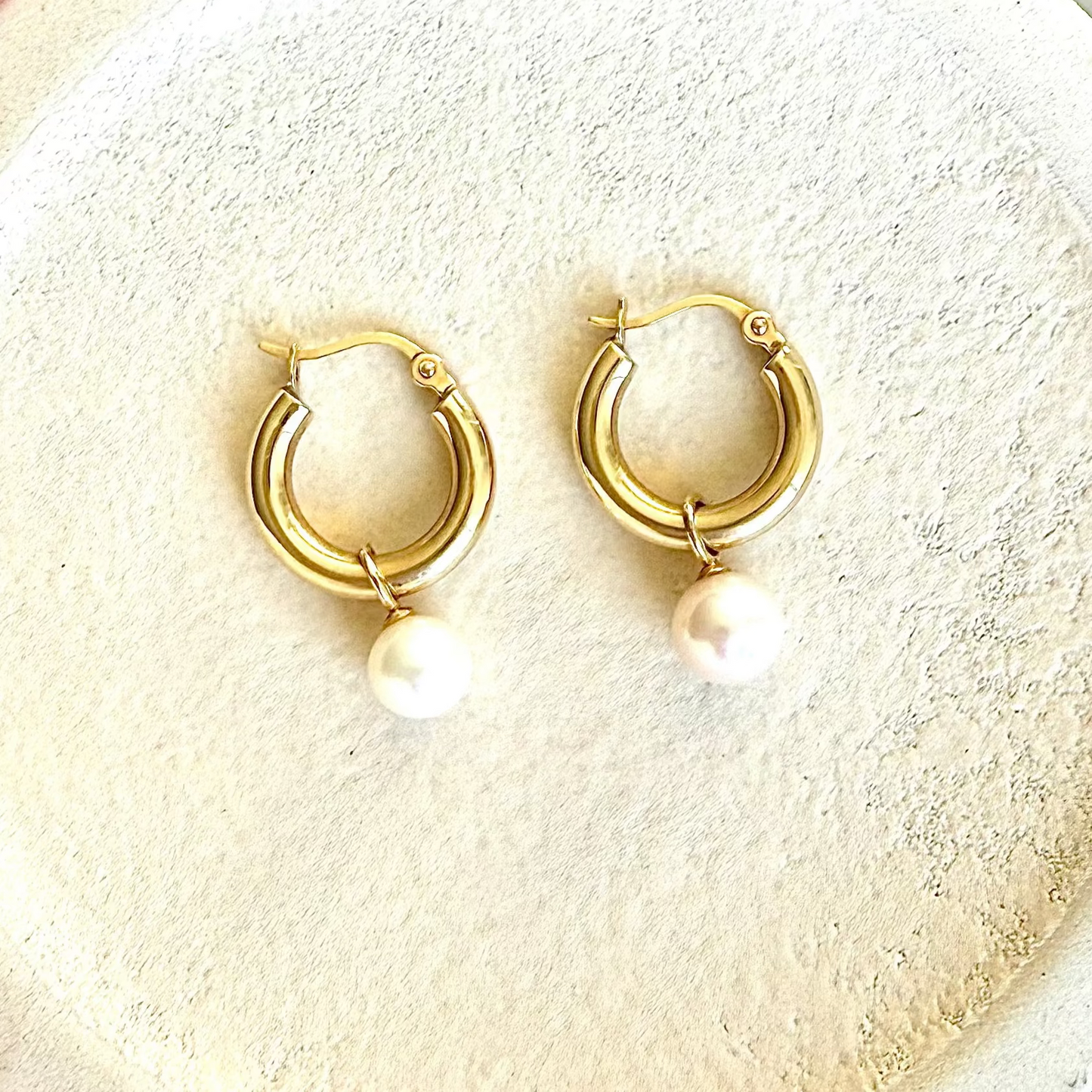 Natural Pearl Thick Hoop Earrings - 14K SOLID GOLD