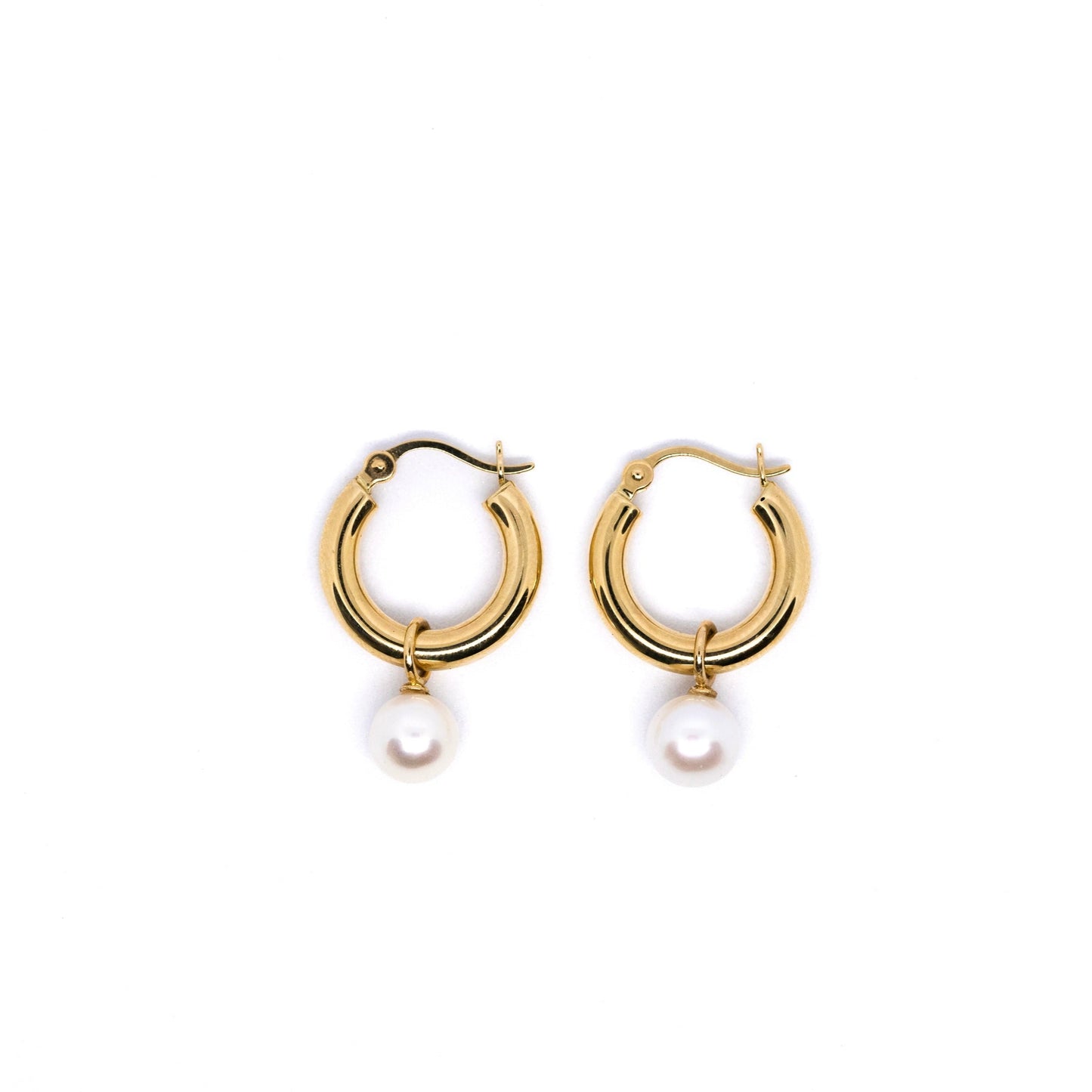 Natural Pearl Thick Hoop Earrings - 14K SOLID GOLD